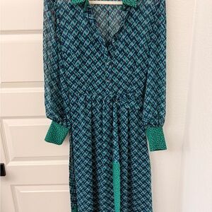Tahari Teal & Navy Geometric Long-Sleeve Dress with Green Polka Trim